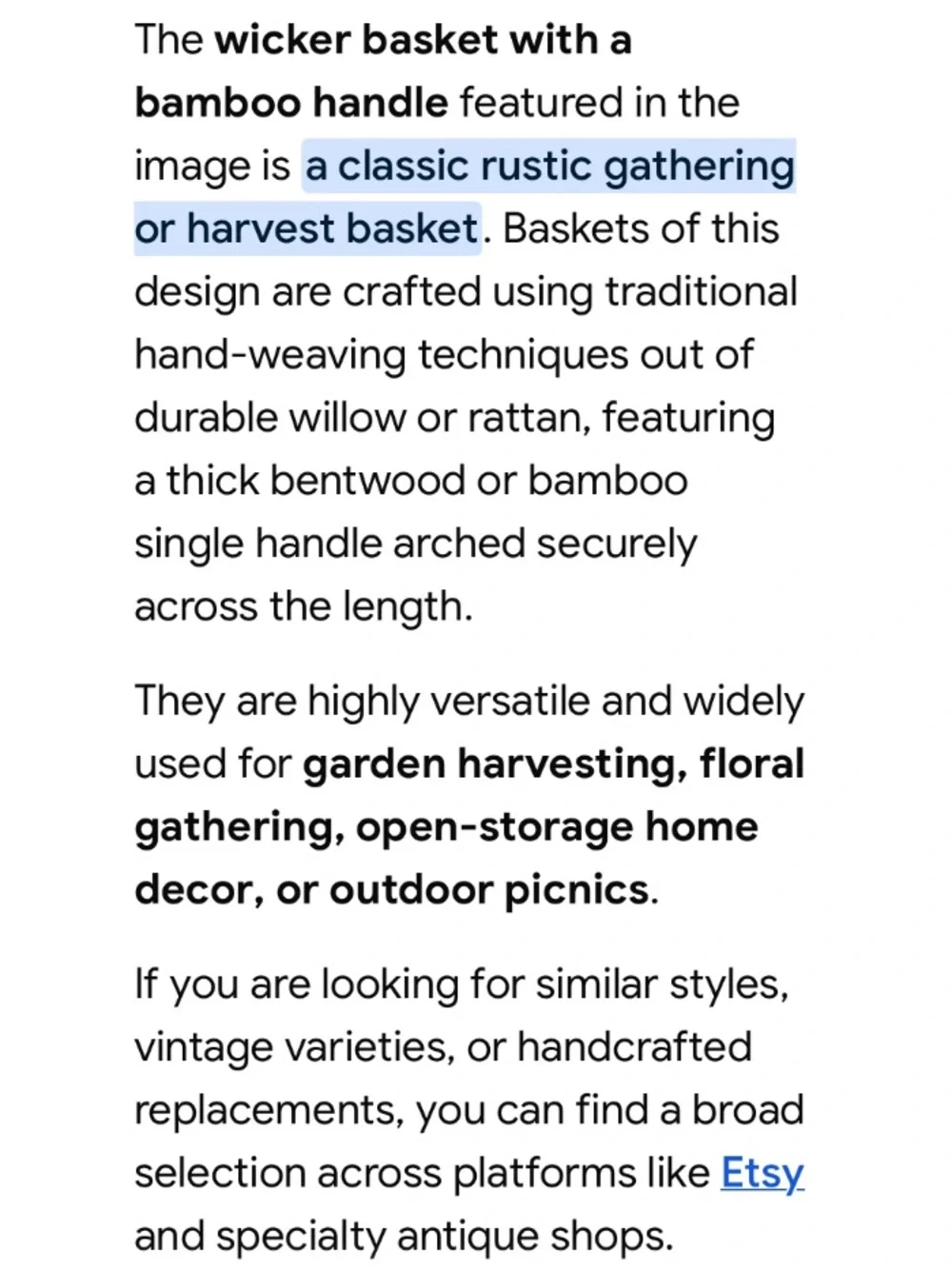 Vintage Woven Rattan Gathering Basket with Bamboo Handle in Natural Brown
